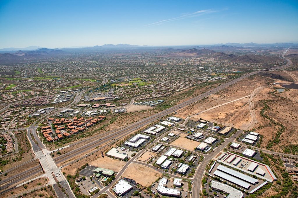 Aerial view from the NW to the SE above Anthem, Arizona and Interstate 17
