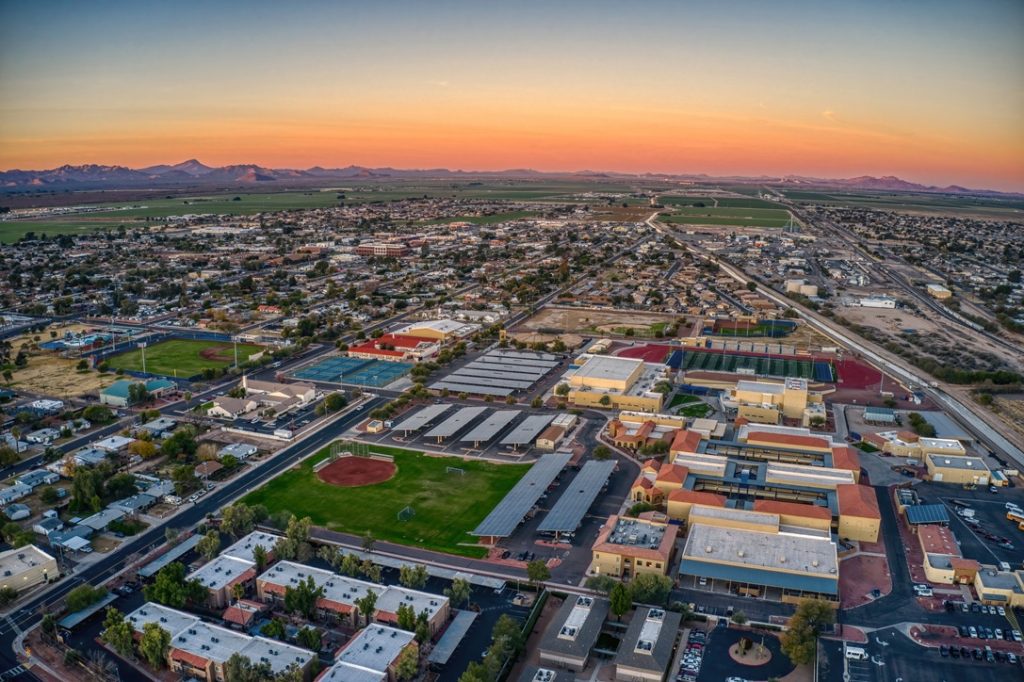 Aerial View of Sunrise over the Phoenix Suburb of Buckeye, Arizona